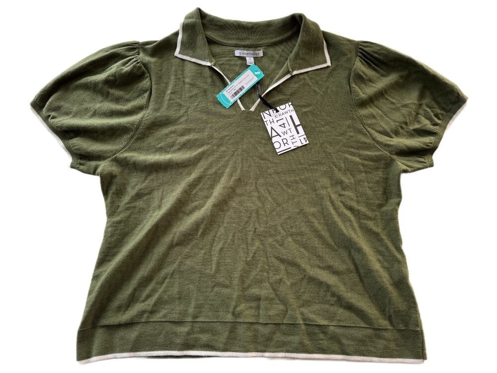 41 Hawthorn Merino Wool Tipped Johnny Collar Polo Sweater Green Women's XXL NWT